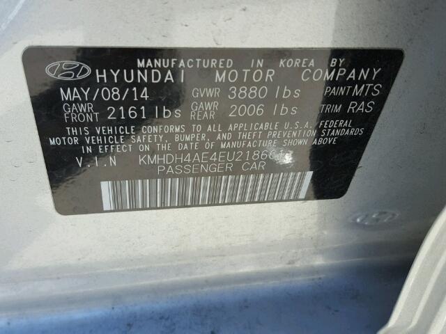 KMHDH4AE4EU218661 - 2014 HYUNDAI ELANTRA SE SILVER photo 10