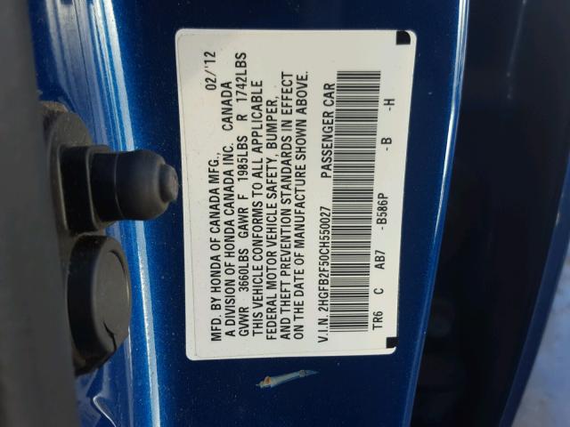 2HGFB2F50CH550027 - 2012 HONDA CIVIC LX BLUE photo 10