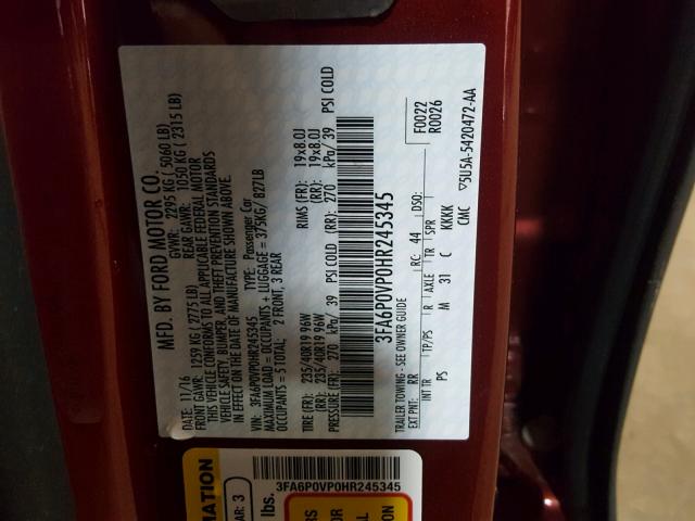 3FA6P0VP0HR245345 - 2017 FORD FUSION SPO RED photo 10