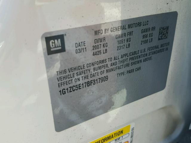 1G1ZC5E17BF317909 - 2011 CHEVROLET MALIBU 1LT 白色 照片 10