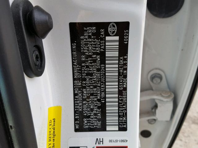 4T1BK1EB7JU270349 - 2018 TOYOTA AVALON XLE WHITE photo 10