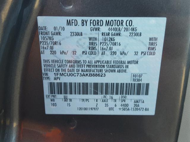 1FMCU0C73AKB88623 - 2010 FORD ESCAPE XLS GRAY photo 10