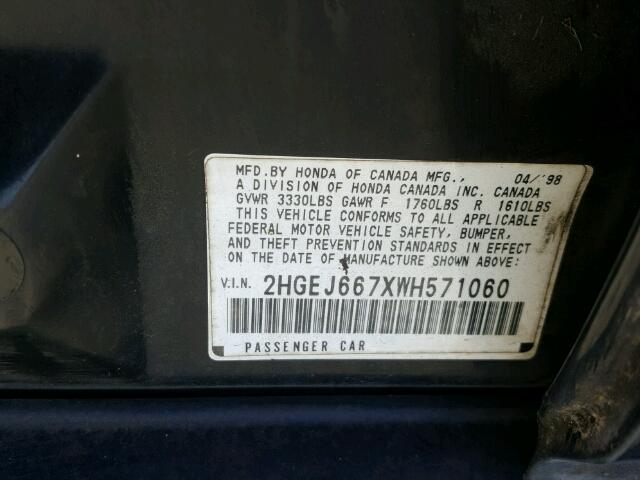 2HGEJ667XWH571060 - 1998 HONDA CIVIC LX BLACK photo 10