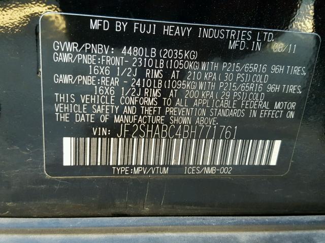 JF2SHABC4BH771761 - 2011 SUBARU FORESTER 2 BLACK photo 10