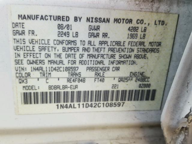 1N4AL11D42C108597 - 2002 NISSAN ALTIMA BAS WHITE photo 10