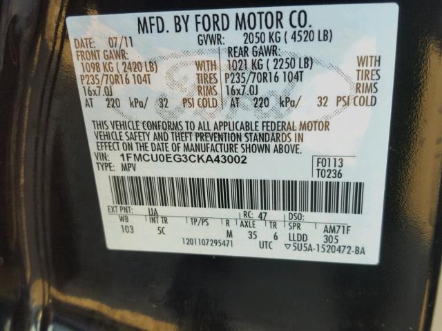 1FMCU0EG3CKA43002 - 2012 FORD ESCAPE BLACK photo 10