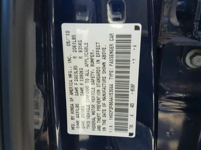 1HGCP2F86AA153044 - 2010 HONDA ACCORD EXL Mavi foto 10