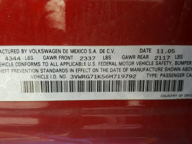 3VWRG71K56M719792 - 2006 VOLKSWAGEN JETTA 2.5 RED photo 10