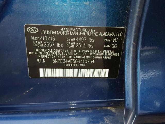 5NPE34AF5GH410734 - 2016 HYUNDAI SONATA SPO BLUE photo 10