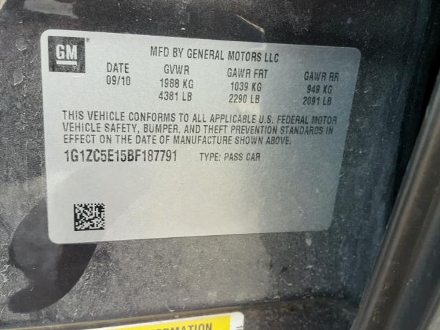 1G1ZC5E15BF187791 - 2011 CHEVROLET MALIBU 1LT ნაცრისფერი ფოტო 10