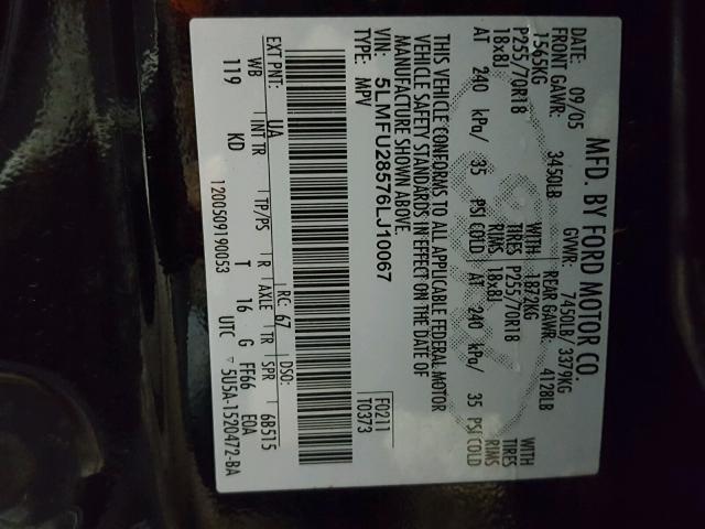 5LMFU28576LJ10067 - 2006 LINCOLN NAVIGATOR Schwarz Foto 10