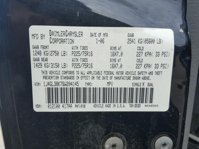 1J4GL38K76W204145 - 2006 JEEP LIBERTY RE BLACK photo 10