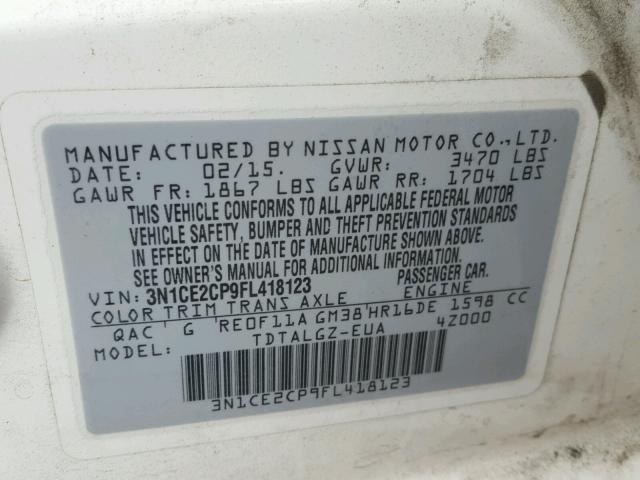 3N1CE2CP9FL418123 - 2015 NISSAN VERSA NOTE WHITE photo 10