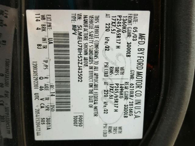 5LMEU78H53ZJ43502 - 2003 LINCOLN AVIATOR 黑色 照片 10