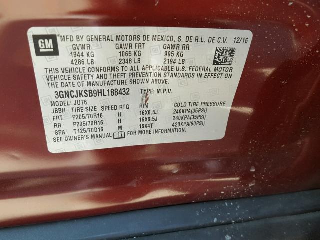 3GNCJKSB9HL188432 - 2017 CHEVROLET TRAX LS RED photo 10