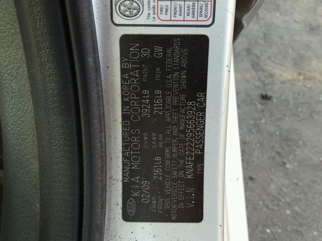 KNAFE222295663928 - 2009 KIA SPECTRA EX SILVER photo 10