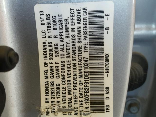 19XFB2F91DE010247 - 2013 HONDA CIVIC EXL 银色 照片 10