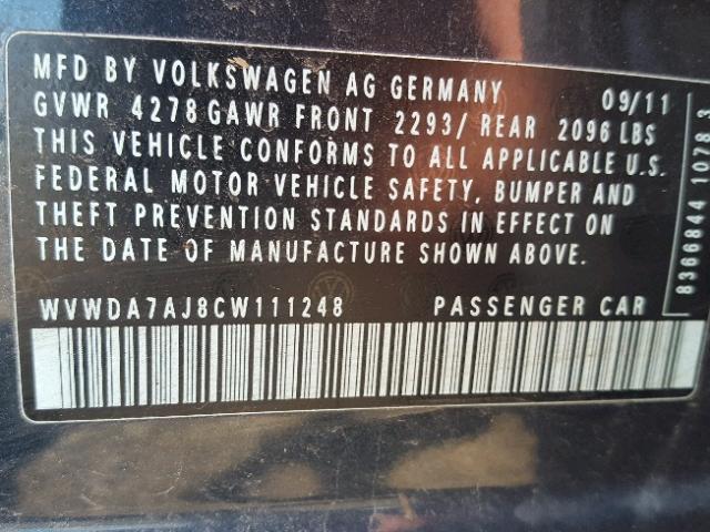WVWDA7AJ8CW111248 - 2012 VOLKSWAGEN GOLF BLUE photo 10