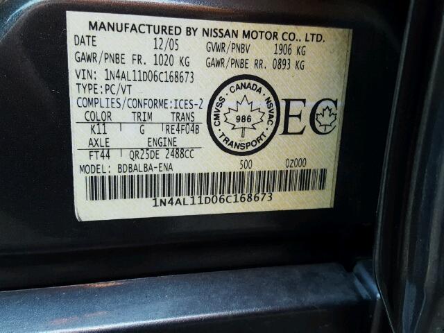 1N4AL11D06C168673 - 2006 NISSAN ALTIMA S GRAY photo 10