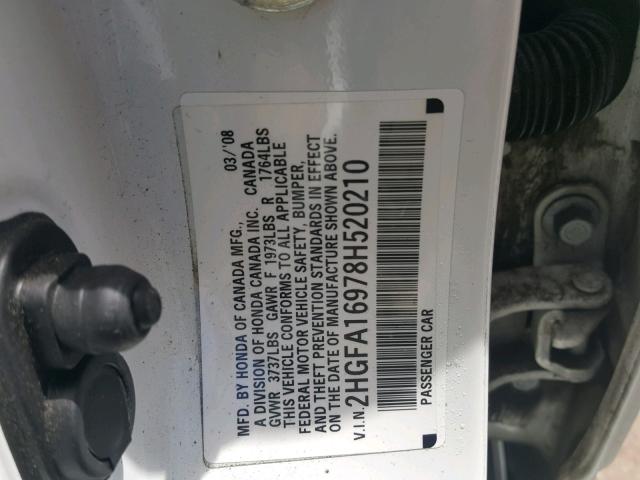2HGFA16978H520210 - 2008 HONDA CIVIC EXL თეთრი ფოტო 10