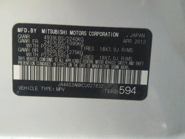 JA4AS3AWXCU027832 - 2012 MITSUBISHI OUTLANDER WHITE photo 10