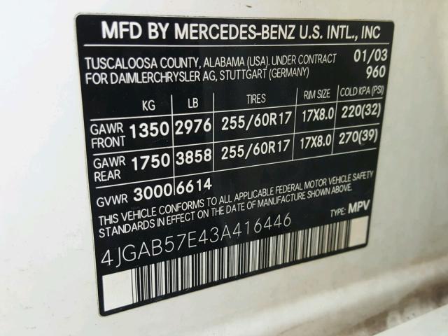 4JGAB57E43A416446 - 2003 MERCEDES-BENZ ML 350 WHITE photo 10