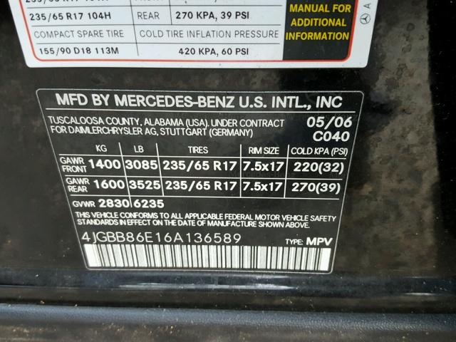 4JGBB86E16A136589 - 2006 MERCEDES-BENZ ML BLACK photo 10