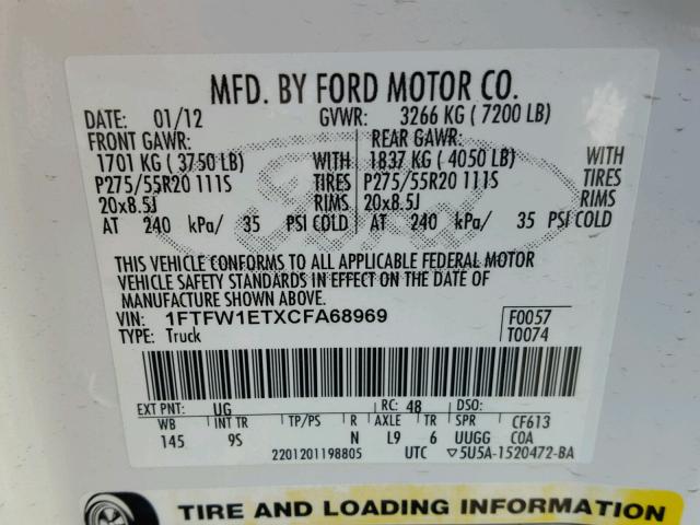 1FTFW1ETXCFA68969 - 2012 FORD F150 SUPER WHITE photo 10