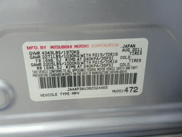 JA4AP3AU3BZ024465 - 2011 MITSUBISHI OUTLANDER SILVER photo 10