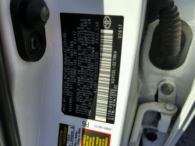 4T4BF1FK1CR207209 - 2012 TOYOTA CAMRY BASE WHITE photo 10