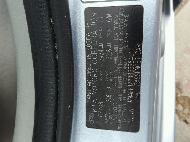 KNAFE122385575401 - 2008 KIA SPECTRA EX SILVER photo 10