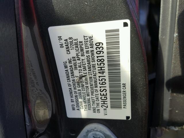 2HGES16514H581939 - 2004 HONDA CIVIC LX SILVER photo 10