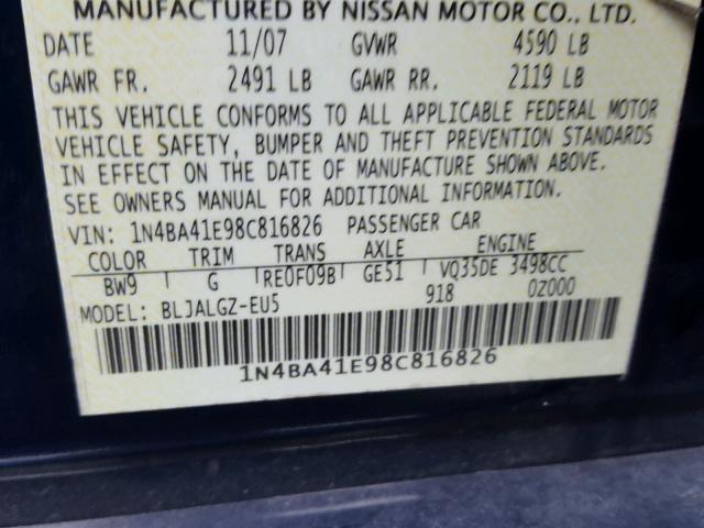 1N4BA41E98C816826 - 2008 NISSAN MAXIMA BLUE photo 10