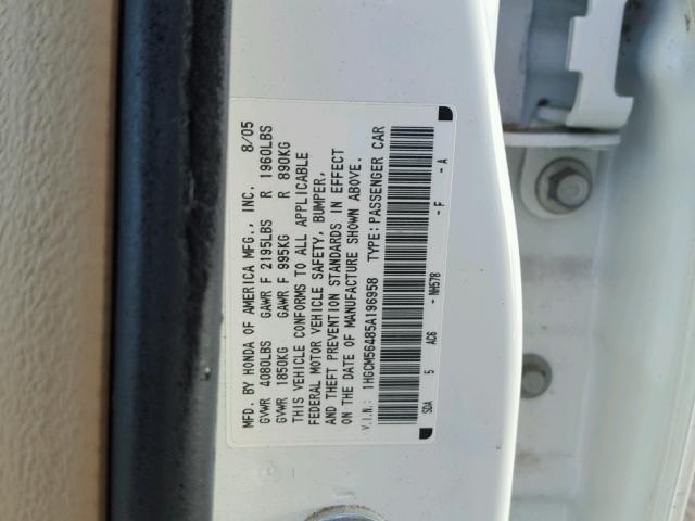 1HGCM56485A196958 - 2005 HONDA ACCORD WHITE photo 10