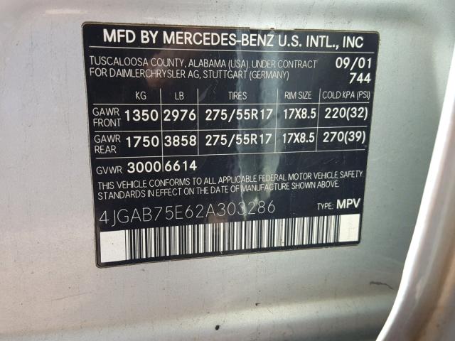 4JGAB75E62A303286 - 2002 MERCEDES-BENZ ML 500 SILVER photo 10