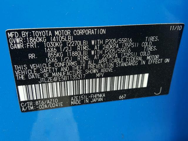 JTLZE4FE5B1135317 - 2011 TOYOTA SCION XB Көк фото 10