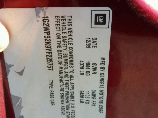 1G2WP52K9YF225757 - 2000 PONTIAC GRAND PRIX MAROON photo 10