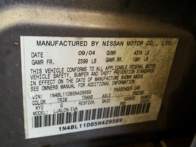 1N4BL11D85N429569 - 2005 NISSAN ALTIMA SE GRAY photo 10