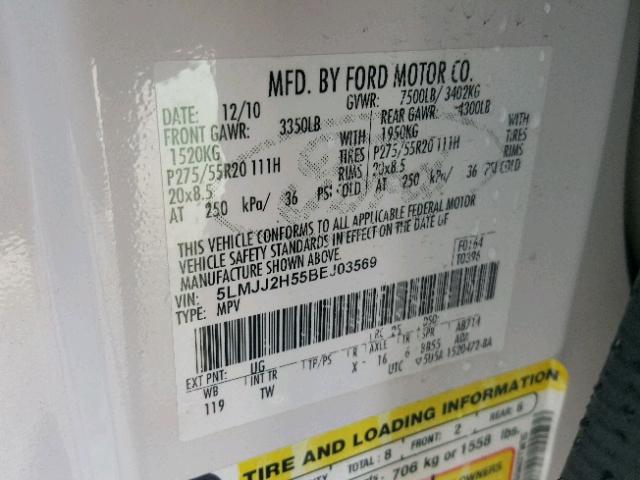 5LMJJ2H55BEJ03569 - 2011 LINCOLN NAVIGATOR 白色 照片 10