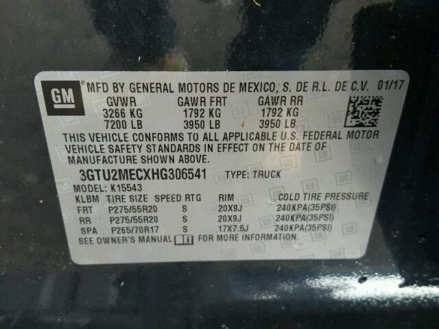 3GTU2MECXHG306541 - 2017 GMC SIERRA K15 GRAY photo 10