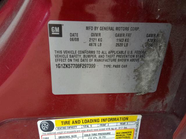 1G1ZK57708F297399 - 2008 CHEVROLET MALIBU LTZ RED photo 10