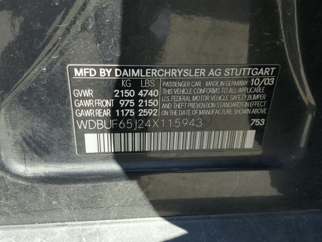 WDBUF65J24X115943 - 2004 MERCEDES-BENZ E 320 GRAY photo 10