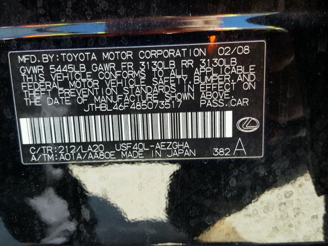 JTHBL46F485073517 - 2008 LEXUS LS BLACK photo 10