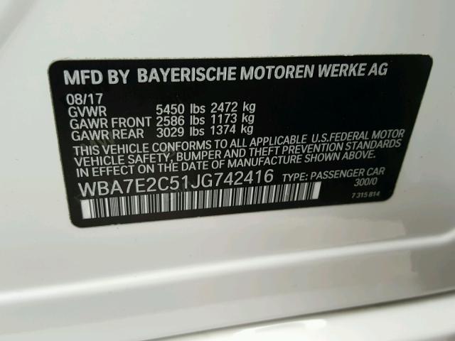 WBA7E2C51JG742416 - 2018 BMW 740 I WHITE photo 10