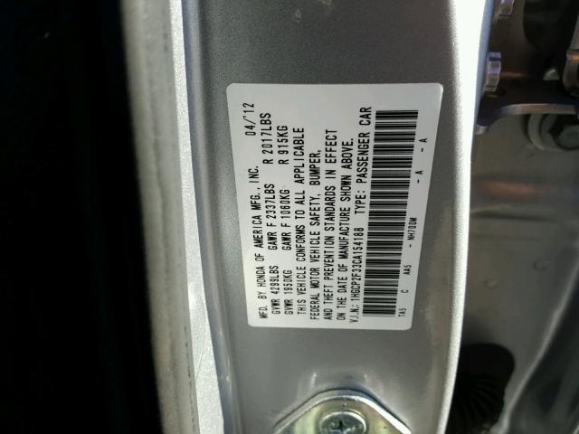 1HGCP2F33CA154188 - 2012 HONDA ACCORD LX SILVER photo 10