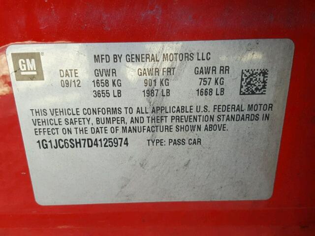 1G1JC6SH7D4125974 - 2013 CHEVROLET SONIC LT RED photo 10