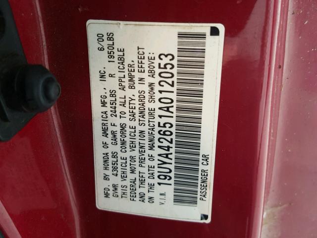 19UYA42651A012053 - 2001 ACURA 3.2CL TYPE RED photo 10