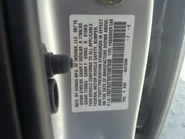 19XFB2F9XFE087038 - 2015 HONDA CIVIC EXL ვერცხლისფერი ფოტო 10