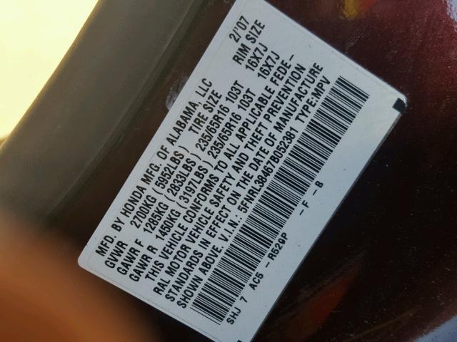 5FNRL38467B052381 - 2007 HONDA ODYSSEY MAROON photo 10