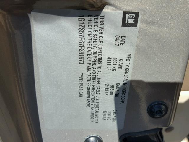 1G1ZS57F67F281973 - 2007 CHEVROLET MALIBU LS 棕色 照片 10